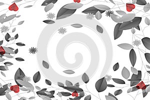 Abstract white background with black, white leaves and red hearts pattern