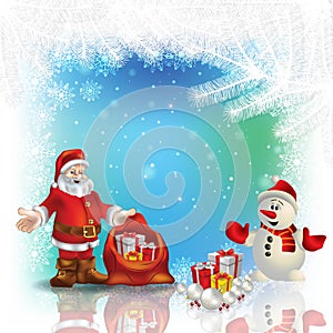 Abstract white background with Christmas decorations Santa Claus and snowman