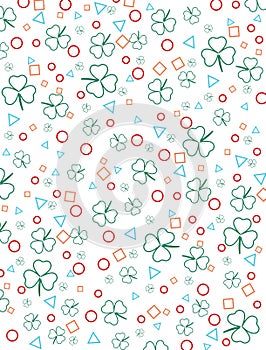 Abstract white background with clover and geometric shapes. Multi-colored lines. Vector