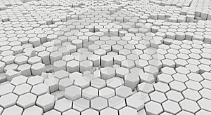Abstract white background with a dynamic 3D hexagonal grid structure
