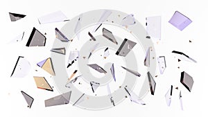 Abstract white background with isolated glass shards and glitter. 3d illustration, 3d ..rendering