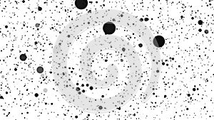 Abstract white background with moving black and gray particles of different sizes. Background with dark blurred boke