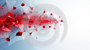 Abstract white background with red schematic molecular structure and geometric shape connections.