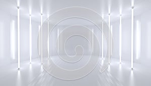 Abstract white background scene. Bright light from vertical lamps. 3d illustration
