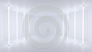 Abstract white background scene. Bright light from vertical lamps. 3d illustration