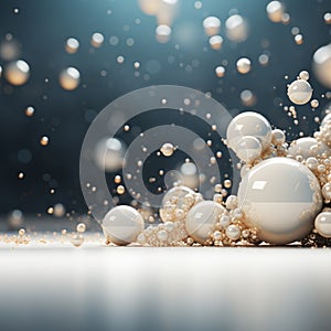 Abstract white and beige bubbles sphere falling on a silver and dark teal background. Minimalist Christmas concept, luminous and