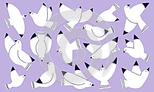 Abstract white birds silhouettes. Flying dove or seagulls, geometrical pigeon drawing. Fashion contemporary flock gulls