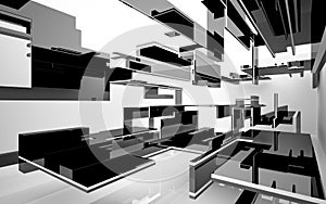 Abstract white and black interior multilevel public space with window.
