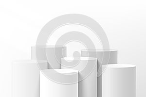 Abstract white clean 3D room with steps realistic gray and white cylinder stand podium group. Minimal wall scene for product