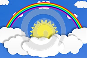 Abstract White Clouds, Yellow Sun and Rainbow in Blue Sky Background