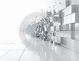 Abstract White Cubes Exploding into Particles on White Background with Reflections
