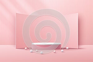 Abstract white cylinder pedestal podium, Light pink empty room, Vertical stripes pattern, Curve backdrop. Vector rendering 3d