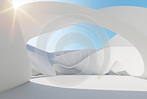 Abstract white distorted wall, modern style, architecture with blue sky background, 3d render