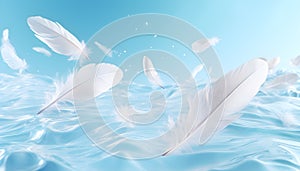 Abstract white feathers falling in blue sky. Generated AI illustration
