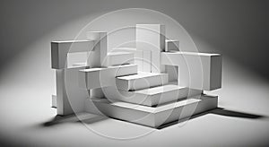 Abstract White Geometric Forms on Platform in Studio Lighting