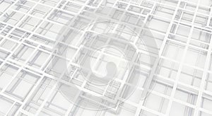 Abstract white geometric grid pattern with subtle shadows and depth white background