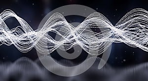 Abstract white glowing particles in wave pattern, digital data stream