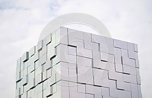 Abstract white gray metal mirrored wall, 3D metal futuristic surface, modern building design