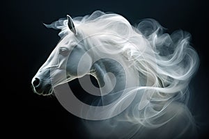 Abstract of white horse head have smoke and fog on black background. Mammals, Wildlife Animals, Illustration, Generative AI