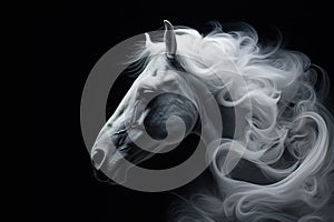 Abstract of white horse head have smoke and fog on black background. Mammals, Wildlife Animals, Illustration, Generative AI