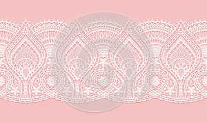 Abstract white lace texture pattern on pink background for textile. Horizontal seamless ribbon. Crocheted thin fabric made of yarn