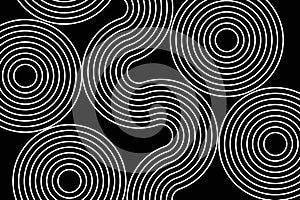 Abstract white lines circles on black background, linear swirls path vector banner template