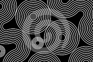 Abstract white lines circles on black background, linear swirls path vector banner template