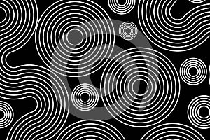Abstract white lines circles on black background, linear swirls path vector banner template