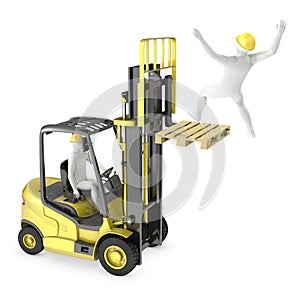 Abstract white man falling from lift truck fork