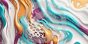 Abstract white marble background with red, yellow and turquoise streaks. Ai generative illustration