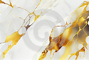 Abstract white and metallic gold marble watercolor background, paint texture