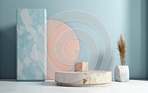 Abstract white mockup 3D with stone cylinder pedestal podium. Minimal blue scene for product display presentation geometric