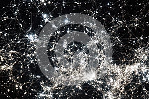 Abstract White Network of Lines and Dots on Black