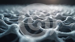 Abstract white network structure on black background, resembling complex interconnected system cellular network. Intricate