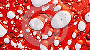 Abstract white paint drops mixed in red oil background. Non-mixing fluids pattern. Generative AI