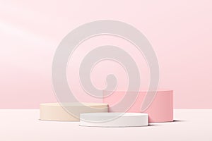Abstract white and pink 3D steps cylinder pedestal podium with pastel pink minimal wall scene for cosmetic product display