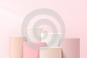 Abstract white and pink 3D steps cylinder pedestal or stand podium with pastel pink wall scene for cosmetic product display
