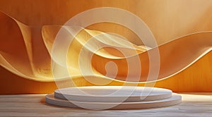 Abstract White Platform Display in Front of a Wavy Yellow Wall