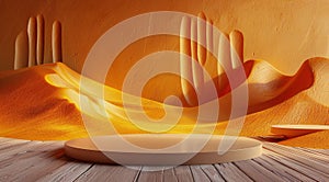 Abstract White Platform Display in Front of a Wavy Yellow Wall