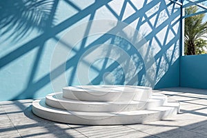 Abstract white podium with geometric shadows