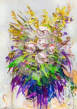 Abstract white roses in a bouquet.Painting