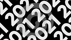 Abstract white rows of digits 2021 moving diagonally into the same direction. Animation. Monochrome numbers on black