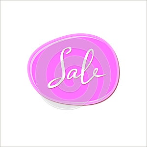 Abstract white sale sign over pink bubble gum blot on white background. Color paint drop. Nail polish splash.