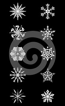 Abstract white snowflake set isolated on black background vector illustration