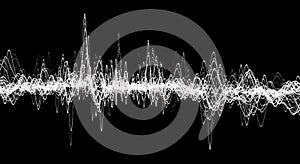 Abstract white sound wave pattern on black background for digital frequency track visualization