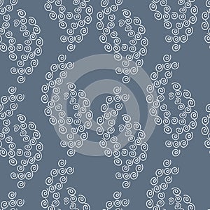 Abstract white swirls snail on a background of blue. Vector seamless pattern, hand-drawn illustration