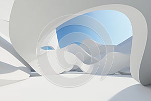 Abstract white twisted wall, Minimal style, architecture with blue sky background, 3d render