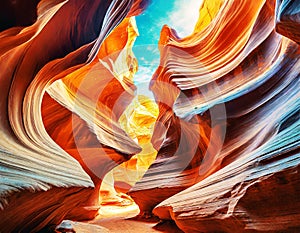 Abstract wide angle view of amazing sandstone formations in famous Antelope Canyon