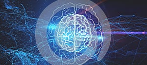 Abstract wide panoramic image of glowing brain with polygonal mesh on colorful tech background. Artificial intelligence and