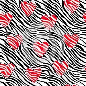 Abstract wild seamless pattern with zebra skin stripes hearts in black and red colors.